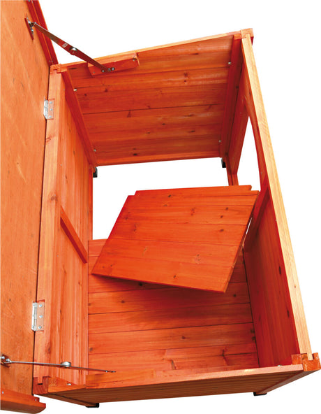 Holzstruktur mit aufgeklapptem Deckel und eingebautem Regalsystem, Scharniere und Metallstangen sichtbar.