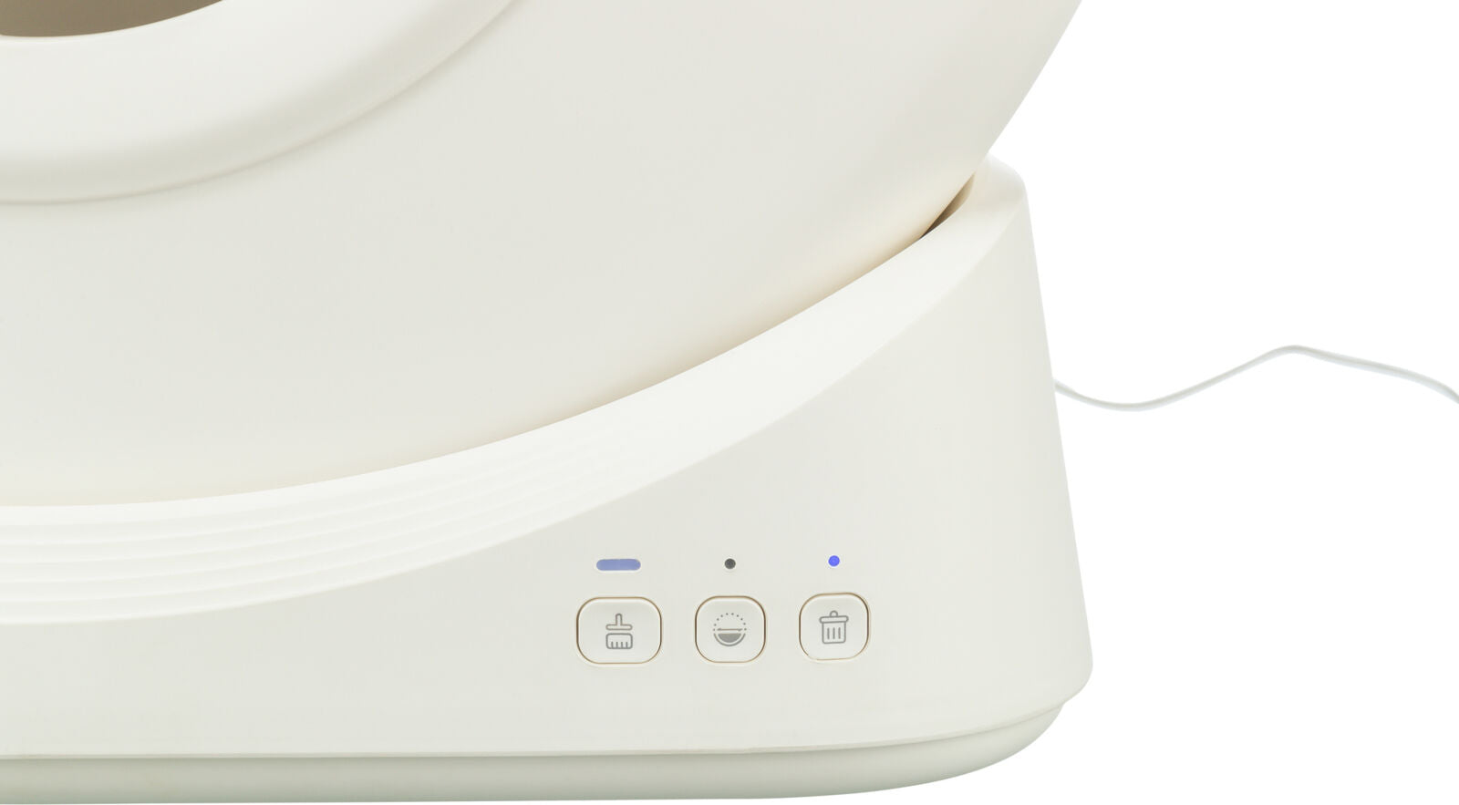 Weißes Gerät mit drei Knöpfen und blauen Lichtern, rechteckiger Rahmen und Kabel an der Seite.