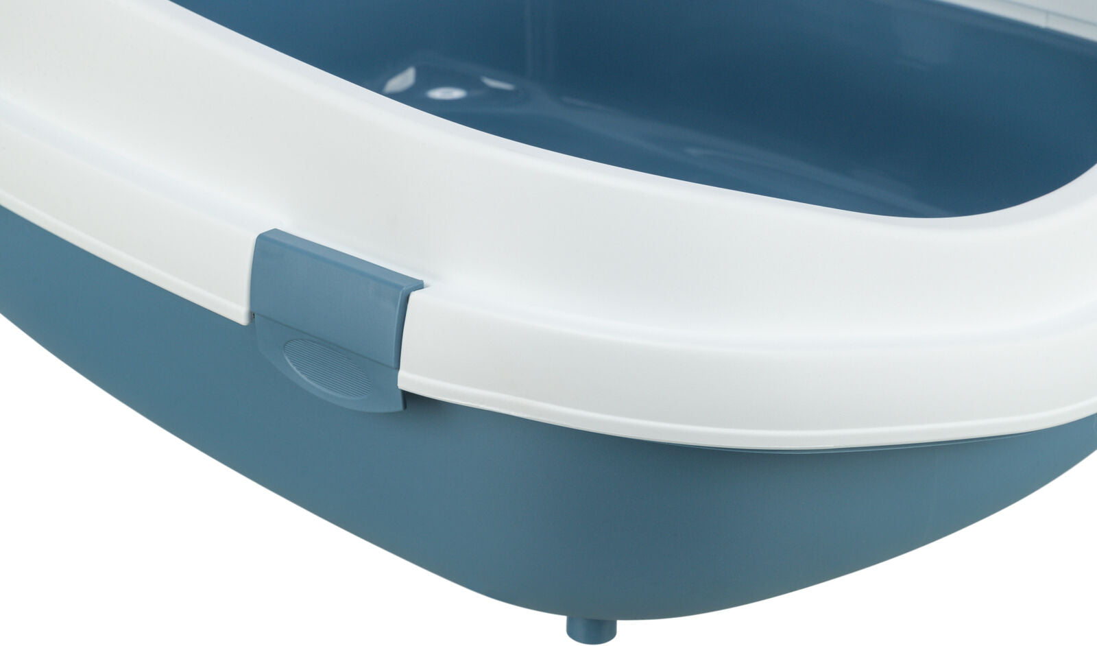 Blau-weiße Katzentoilette mit abnehmbarer Kante, ohne Haube, robustes Kunststoffdesign.