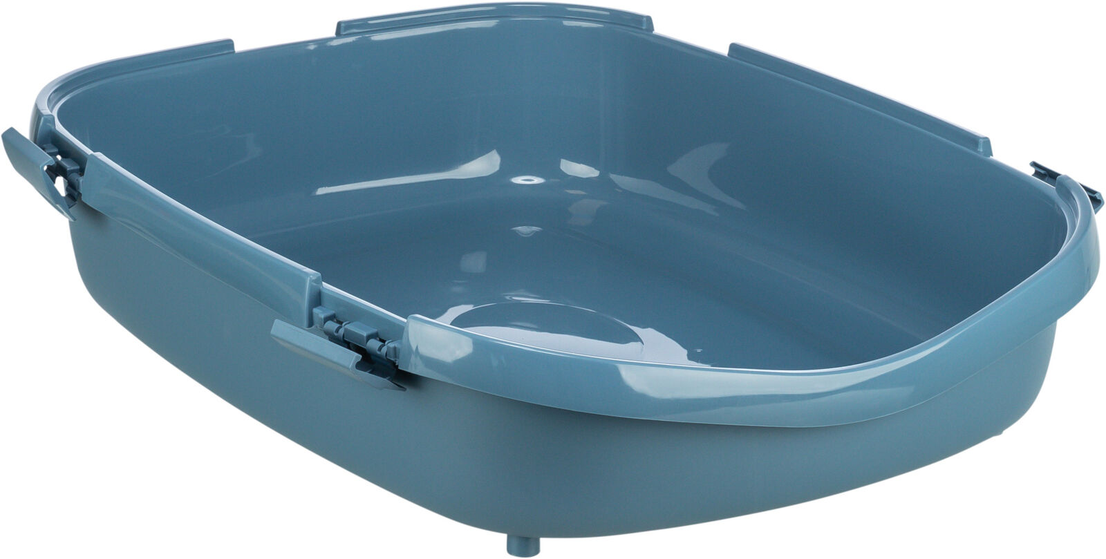 Rechteckige, flache, blaue Kunststoffschale mit abgerundeten Ecken und seitlichen Verschlüssen.