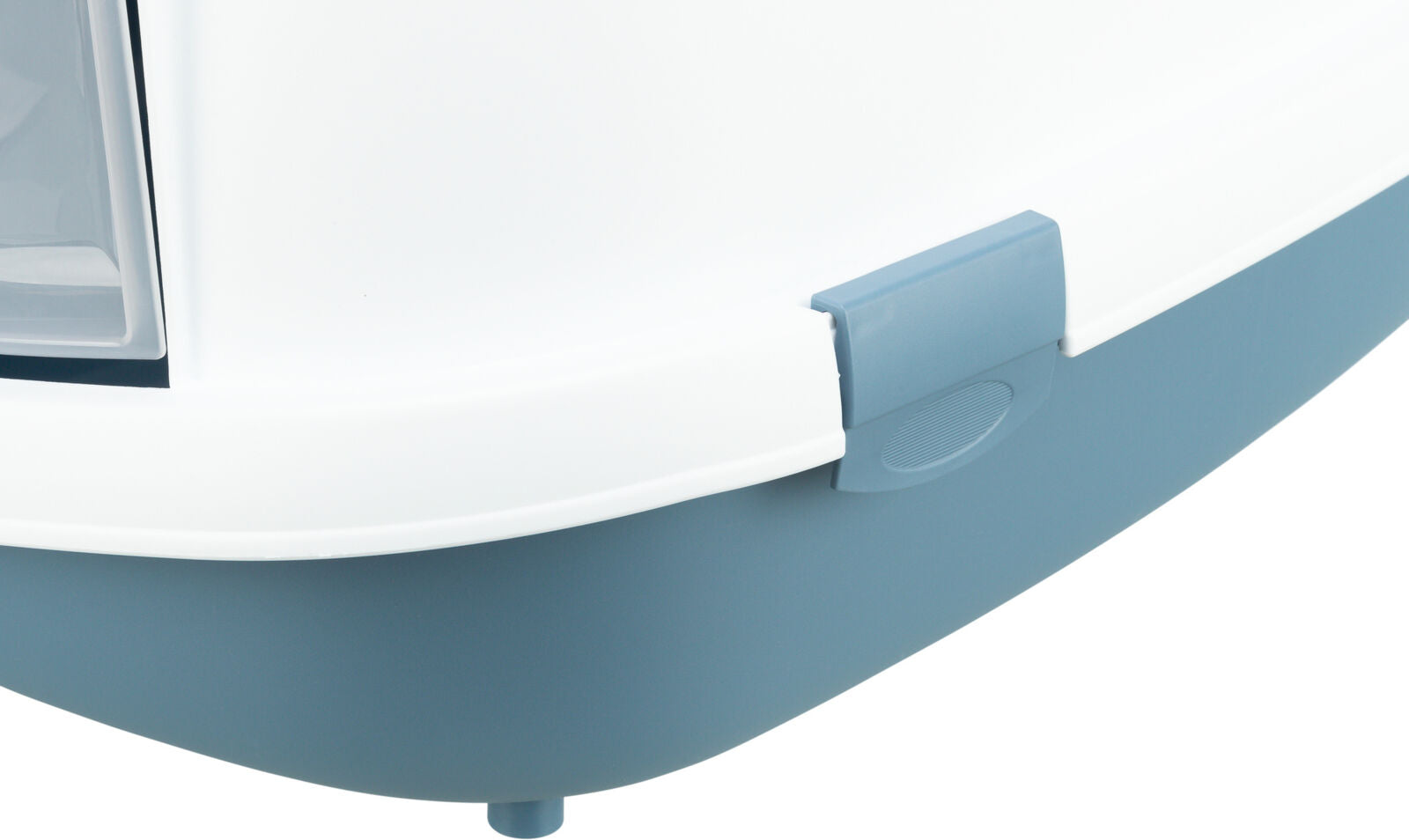 Ausschnitt einer Katzentoilette mit abgerundeter blauer Basis und weißem Deckel mit transparentem Element.