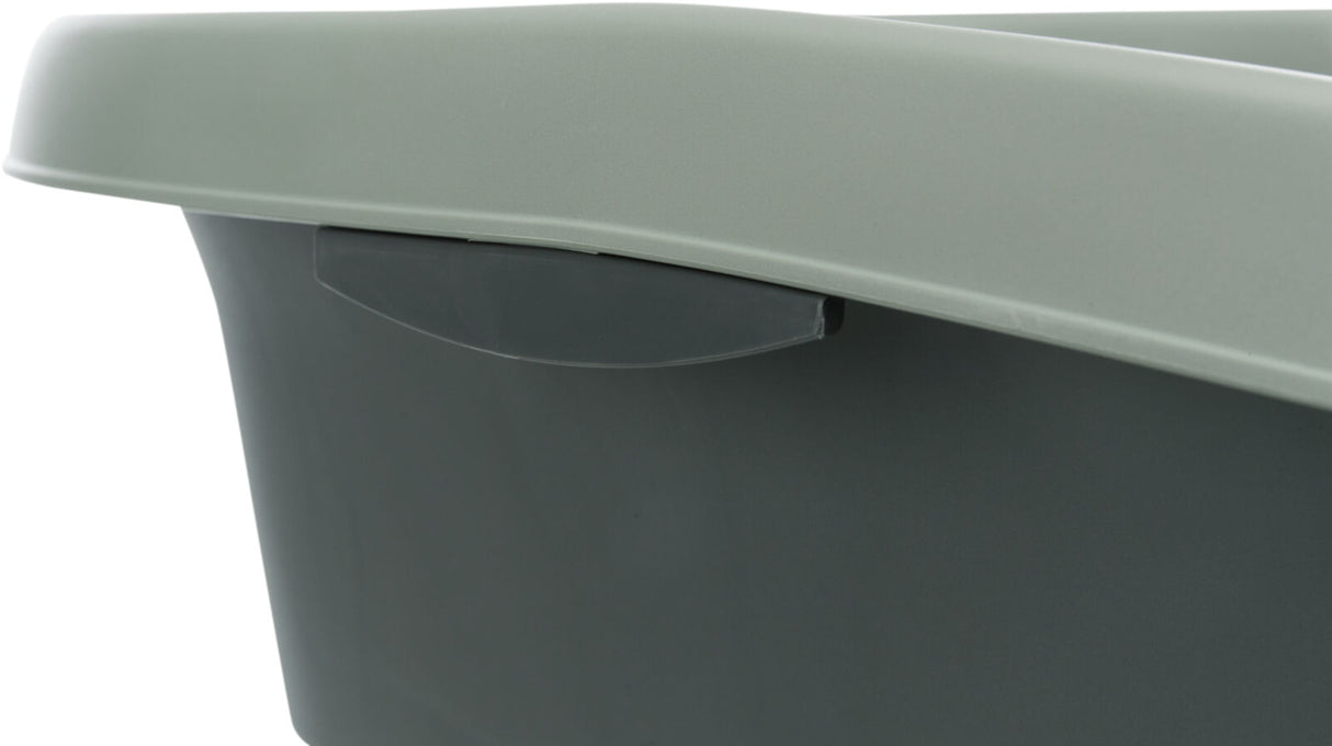 Grauer rechteckiger Behälter mit leicht gebogenem Rand und glatter Oberfläche.