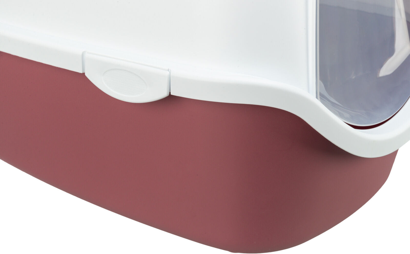 Geschlossene Katzentoilette mit weißem Oberteil und bordeauxfarbenem Unterteil, transparente Klappe vorne.