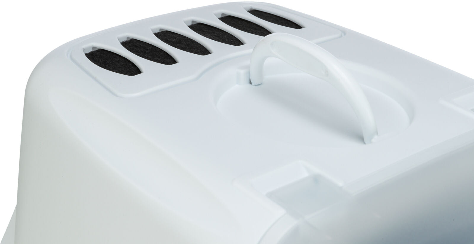 Weiße, rechteckige Kunststoffabdeckung mit integriertem Griff und fünf schwarzen Lüftungsschlitzen.
