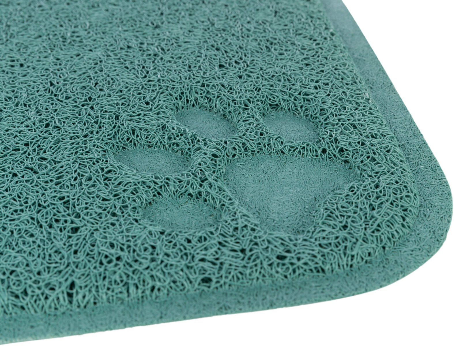 Türkisfarbene strukturierte Matte mit eingedrucktem Pfotenabdruck, rechteckig mit abgerundeten Ecken.