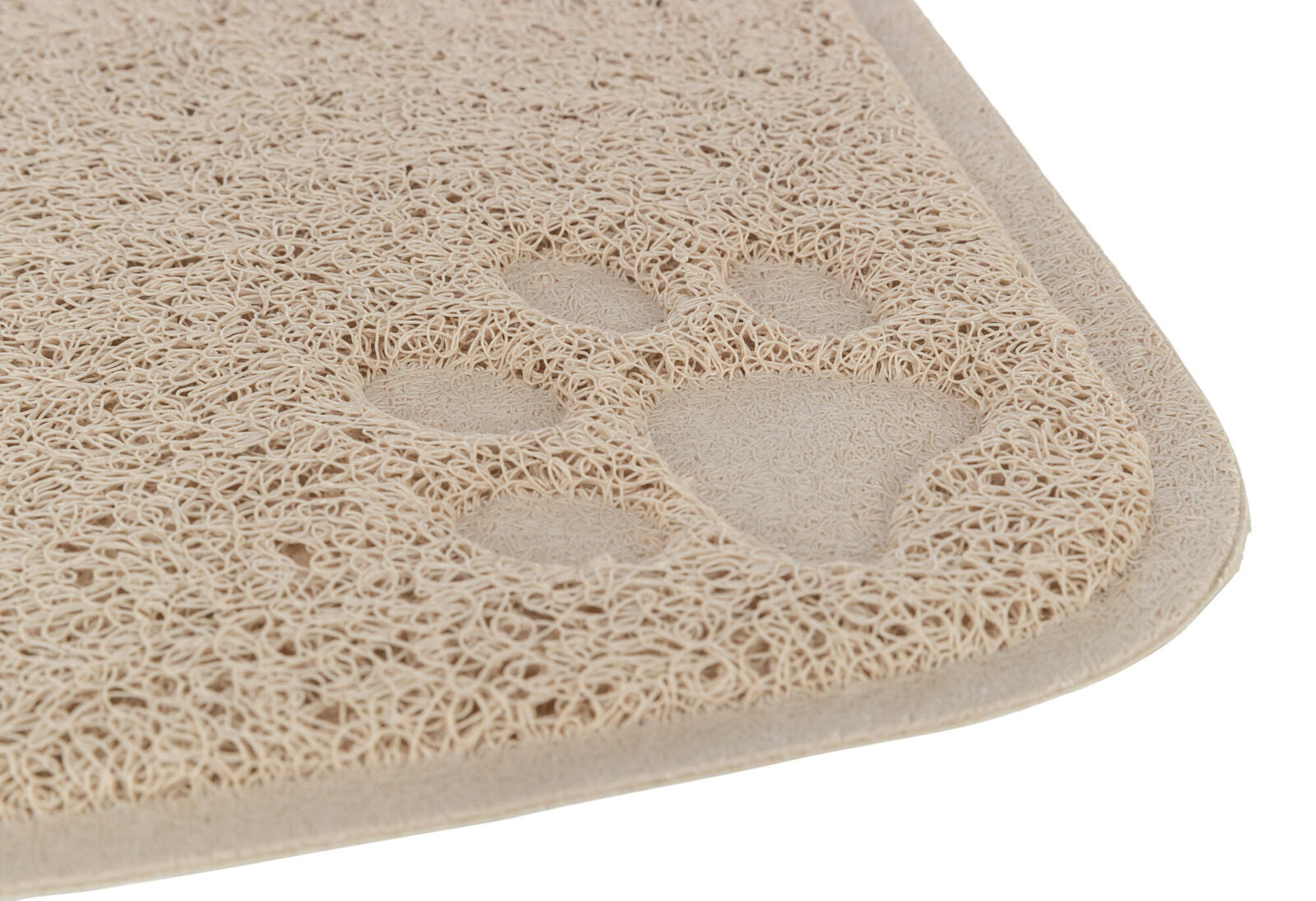 Beigefarbene Matte mit strukturierter Oberfläche und eingearbeitetem Pfotenabdruck-Muster.