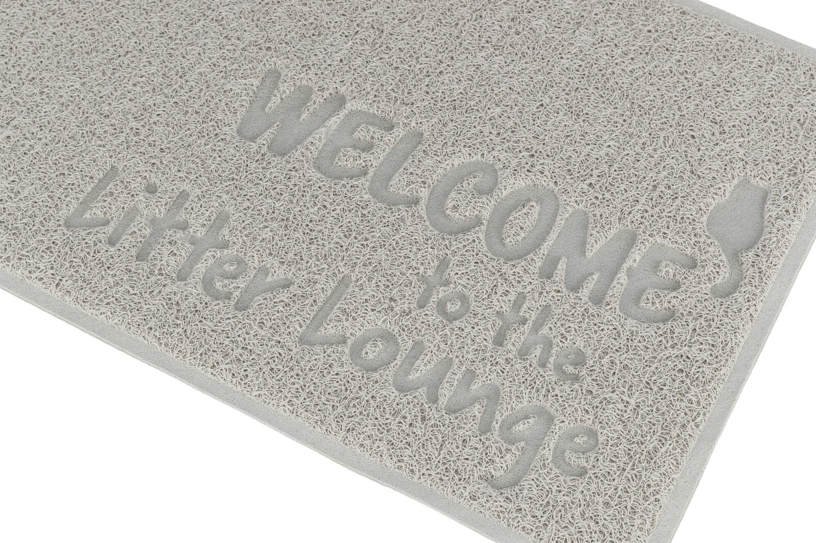 Graue Matte mit Text "WELCOME to the Litter Lounge" und einer stilisierten Katzenfigur darauf.