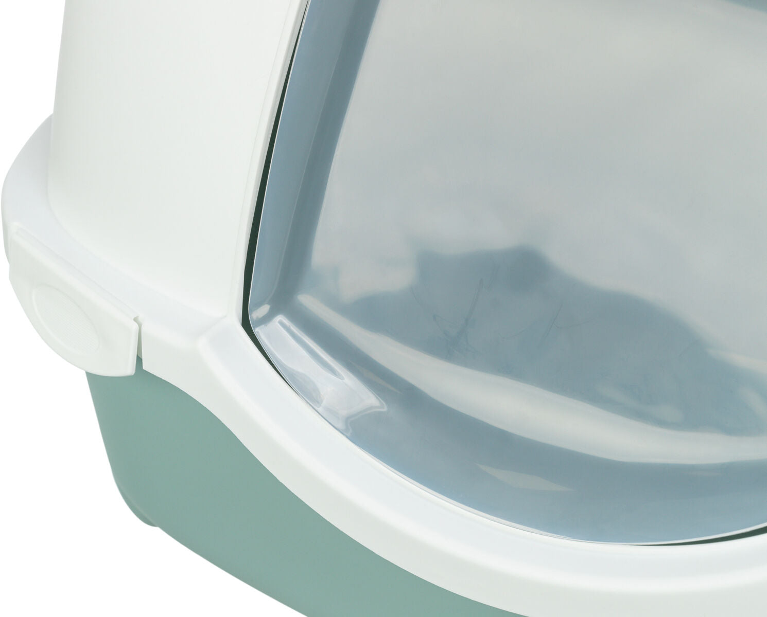 Plastik-Katzentoilette mit Haube, helle Farben, weiße Details und transparente Klappe vorne.