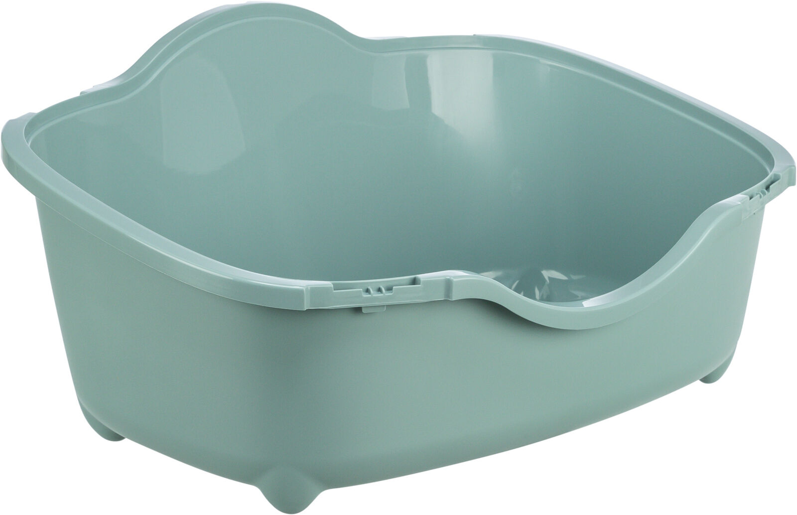 Grüne offene Katzentoilette aus Kunststoff mit erhöhter Rückwand und abgerundeten Kanten.