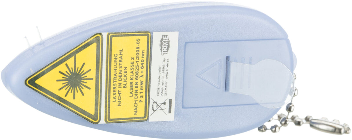 Ein blauer Kunststoff-Laserpointer mit gelbem Warnaufkleber, Text über Laserklasse 2 und Herstellerlogo.