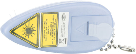 Ein blauer Kunststoff-Laserpointer mit gelbem Warnaufkleber, Text über Laserklasse 2 und Herstellerlogo.