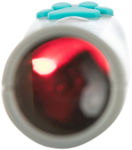 Rundes, silberfarbenes Gerät mit leuchtendem rotem Licht und blauen Tasten am oberen Rand.