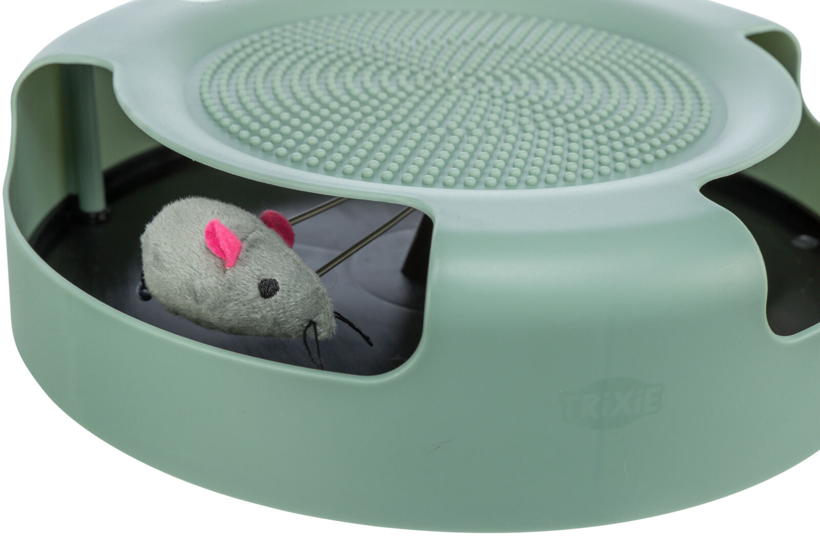 Grünes Katzenspielzeug mit rundem Design und Kunststoffoberfläche, enthält eine graue Spielzeugmaus mit rosa Ohren.