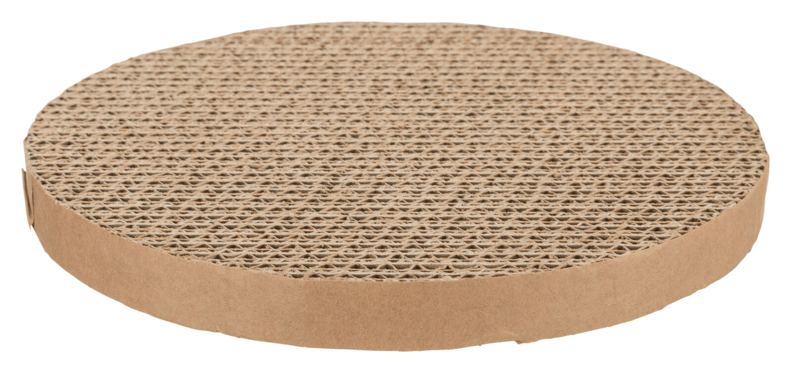 Runde, flache Scheibe aus welliger, brauner Pappe mit strukturierter Oberfläche.
