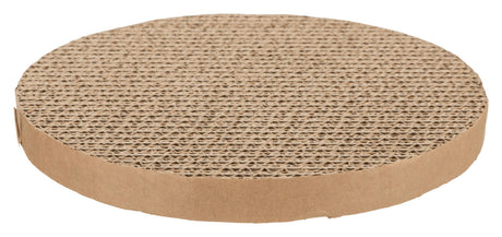 Runde, flache Scheibe aus welliger, brauner Pappe mit strukturierter Oberfläche.