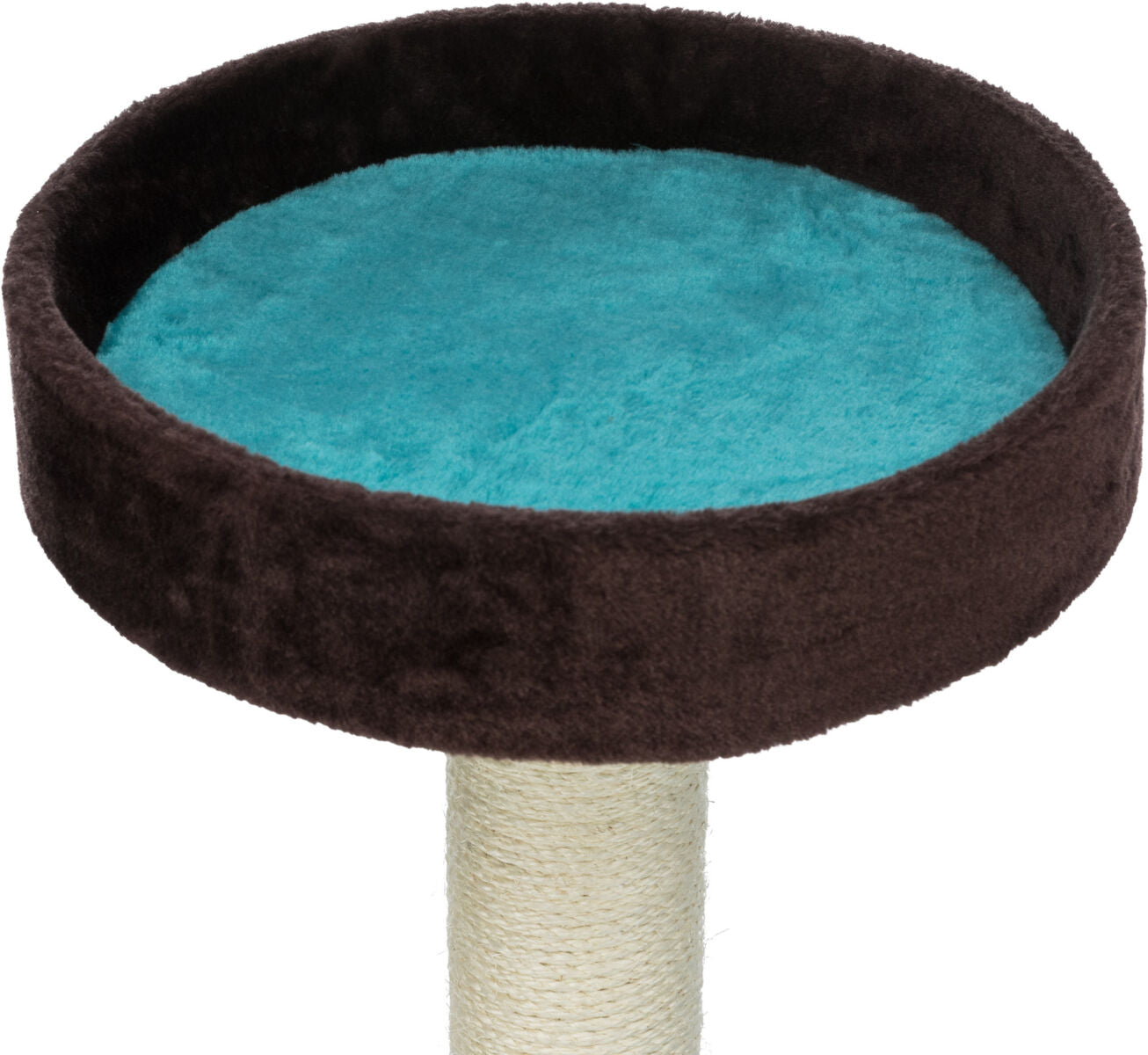 Kratzbaum-Plattform mit braunem Rand und blauer Liegefläche auf einem beigen Sisalstamm.