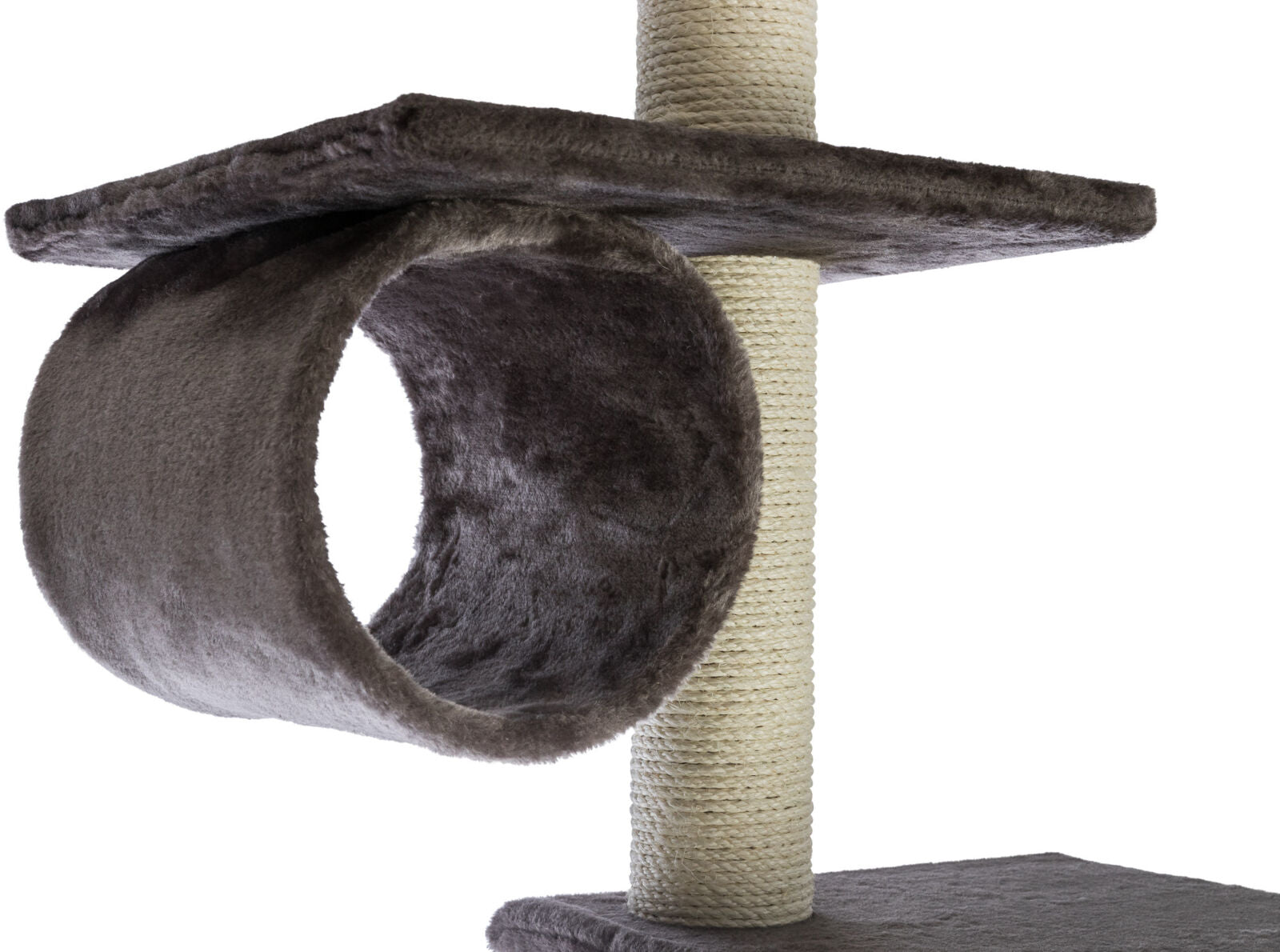 Kratzbaum mit hellbraunem Sisalstamm und rundem, grau gepolstertem Tunnel auf einer quadratischen Plattform.