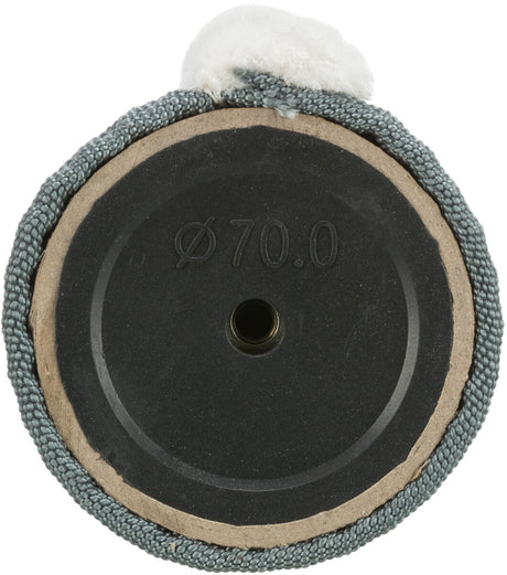 Runde Ansicht auf eine Rolle mit schwarzem Zentrum und der Aufschrift "Ø70.0", umwickelt von grauem Stoff.