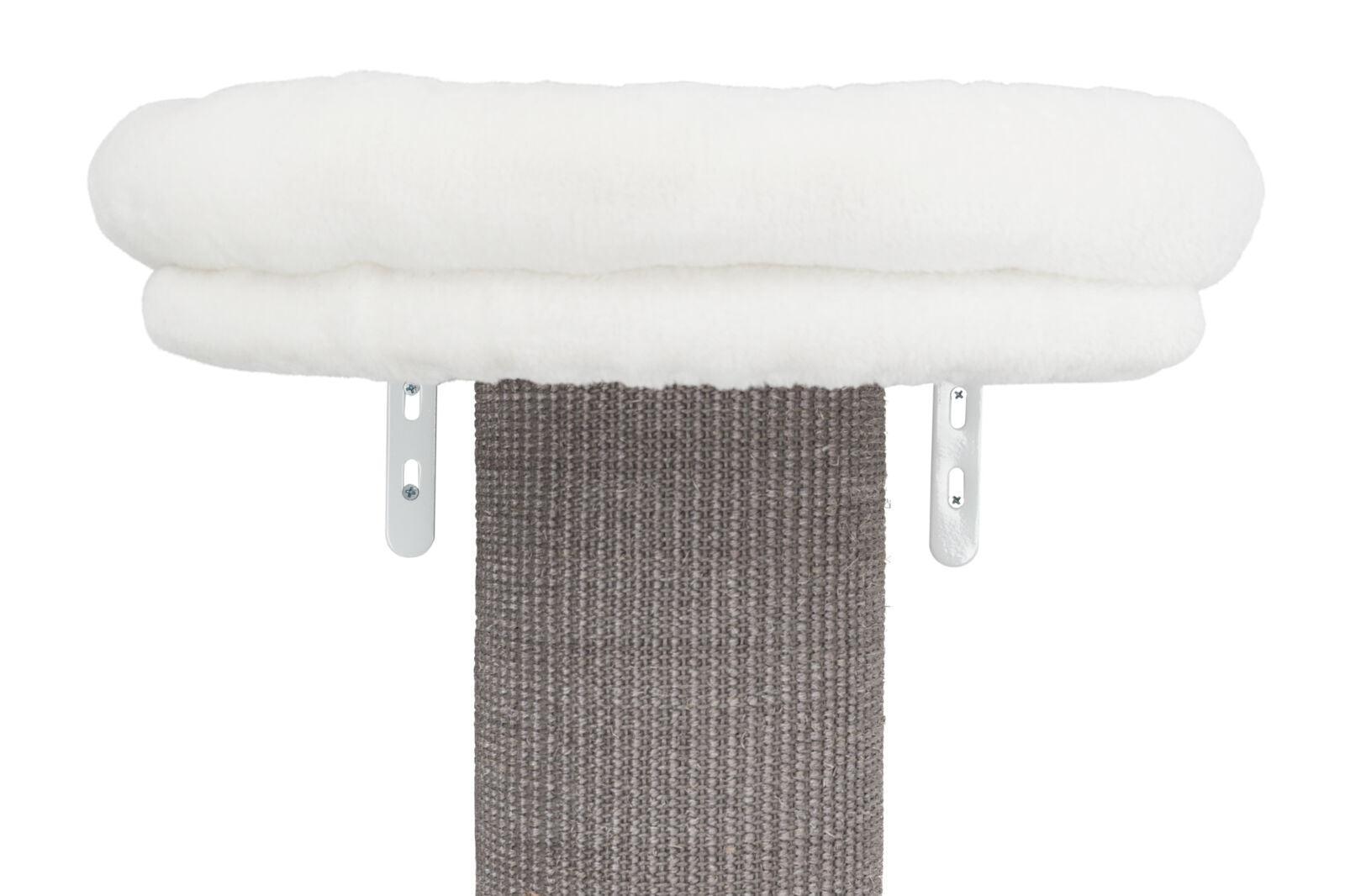 Kratzbaum aus grauem Sisal mit weißem, weichem Polster oben, montiert auf Metallhalterungen.