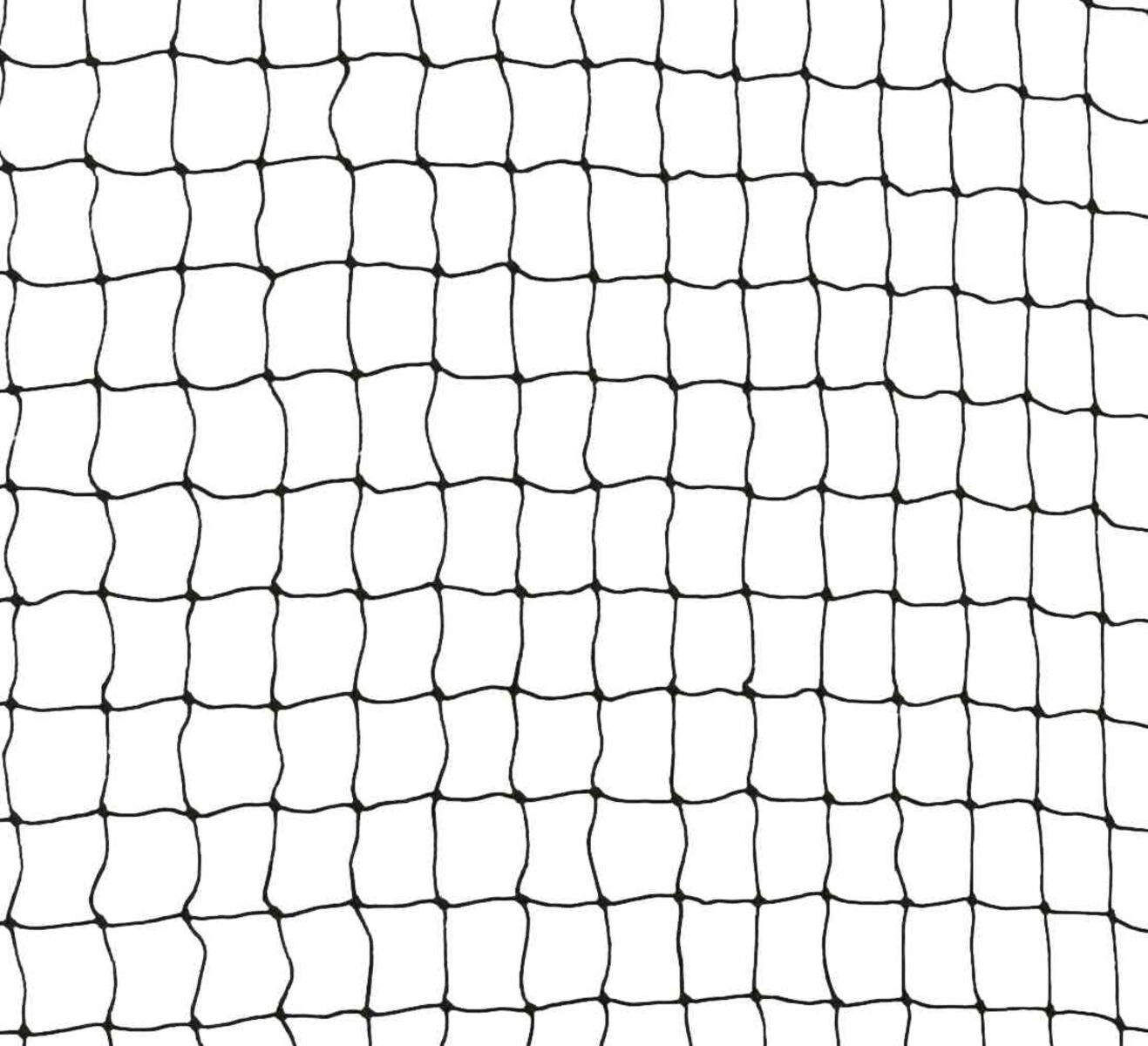 Ein schwarzes, quadratisches Netz mit regelmäßigen Maschen ist auf weißem Hintergrund zu sehen.