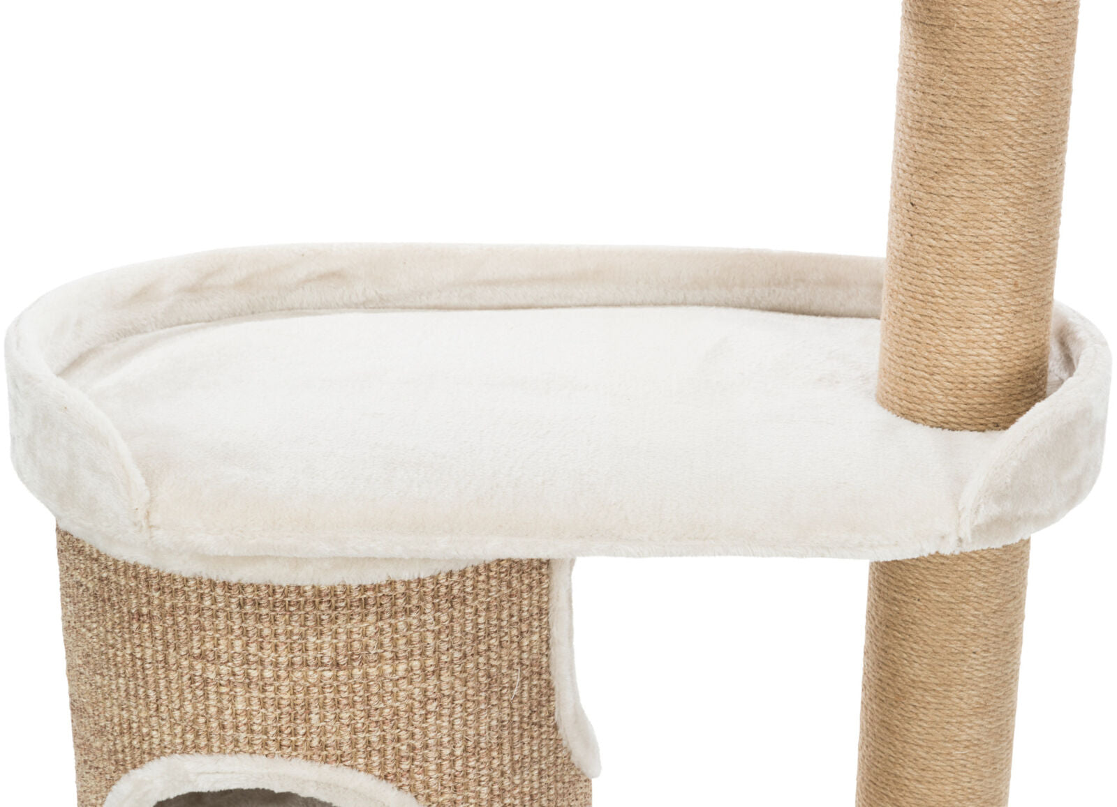 Beiges, weiches Sitzbrett auf einem kratzbaumähnlichen Gestell mit Sisal umwickelter Säule.