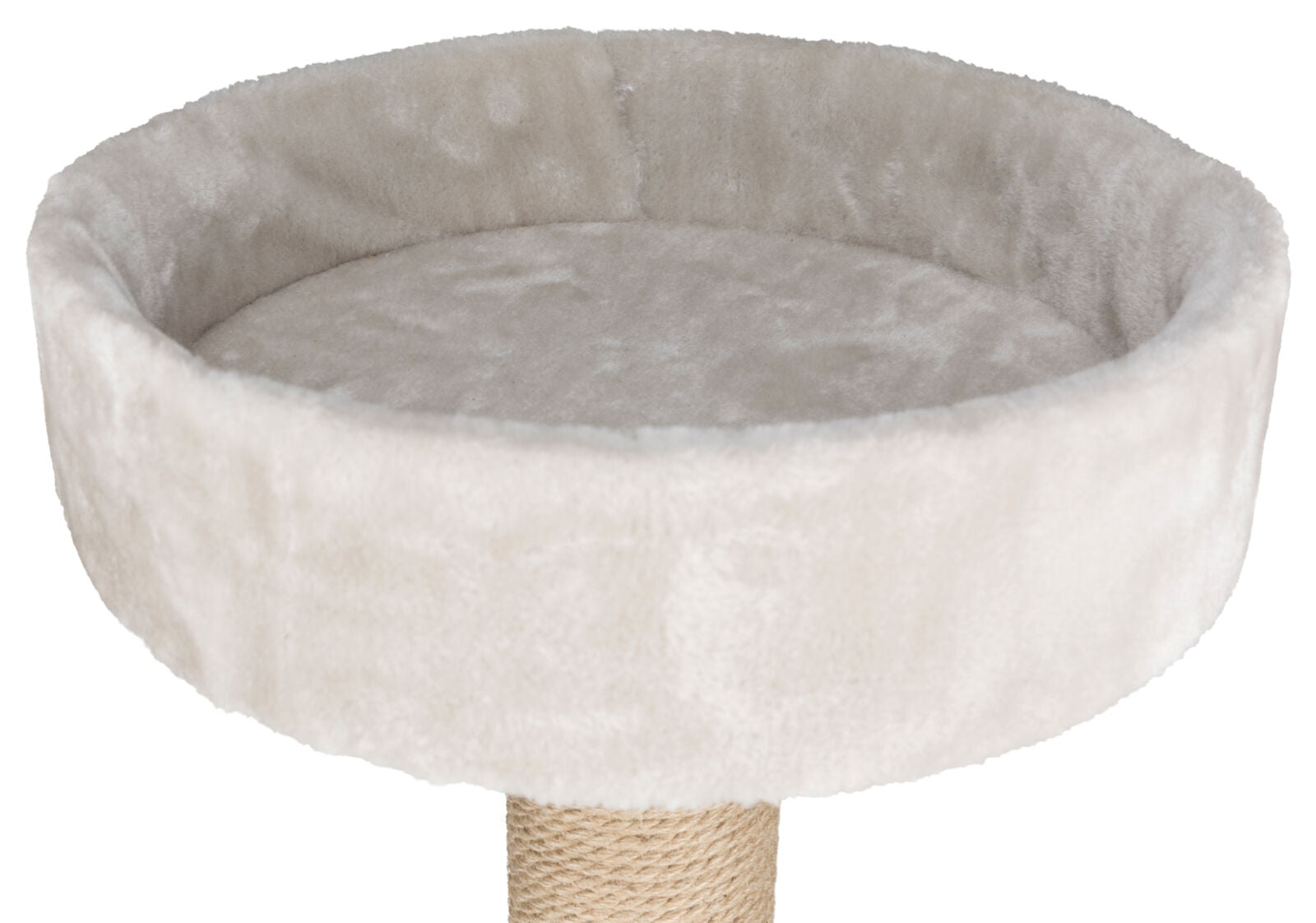 Rundes, beiges Plüschelement eines Kratzbaums auf einem mit Seil umwickelten Pfosten.