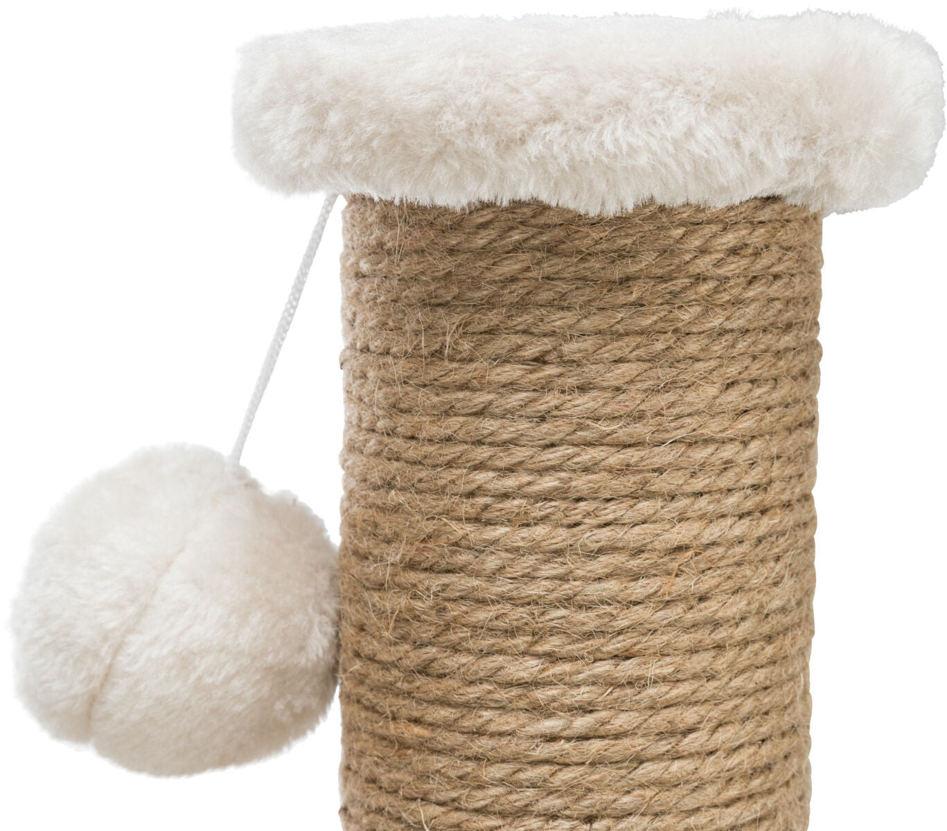 Kratzstamm aus Seil mit weichem, weißem Rand und befestigter, flauschiger Kugel.
