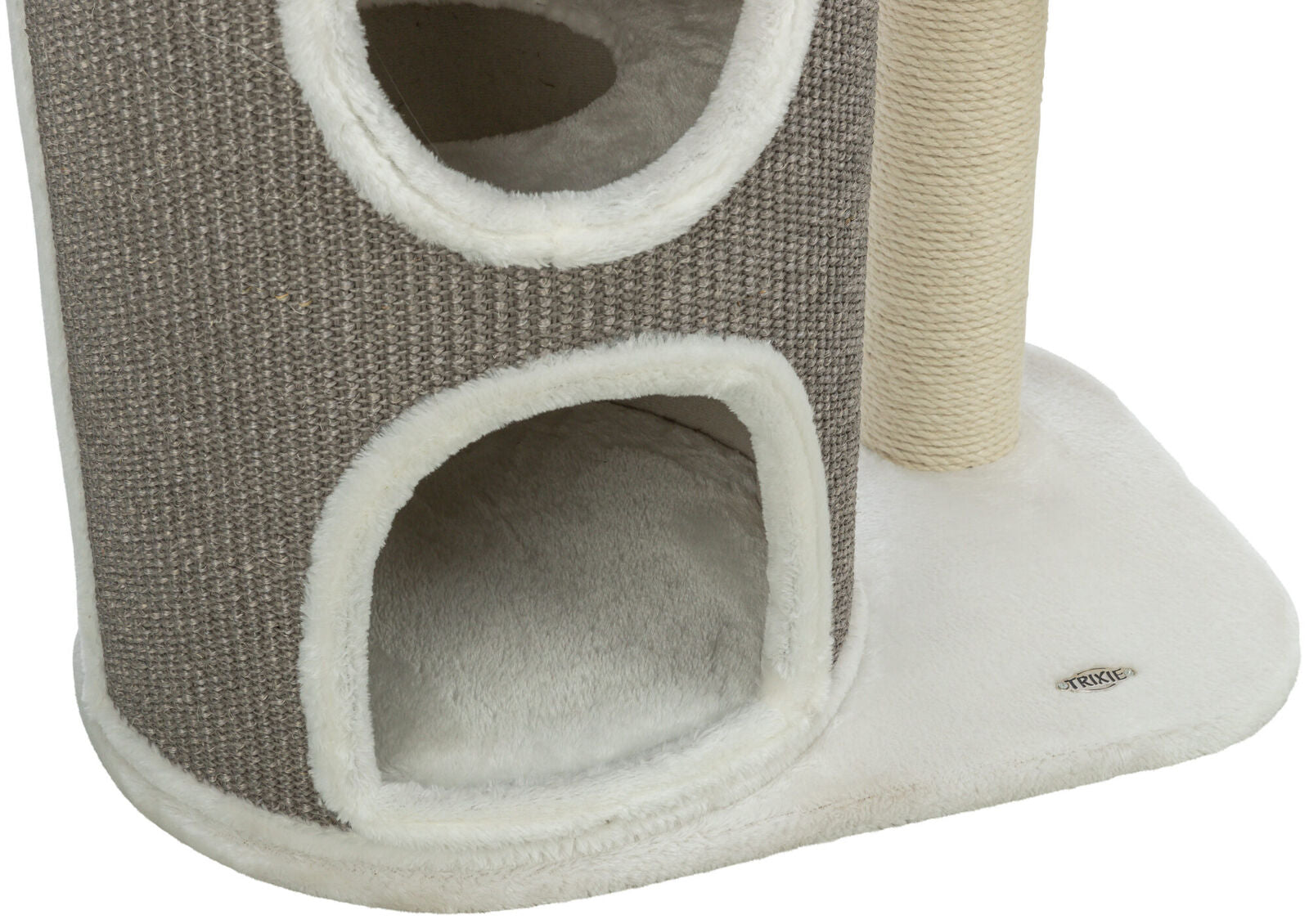 Grauer Kratzbaum mit zwei Höhlen und einer hellen Sisalsäule auf einer weißen, weichen Plattform.