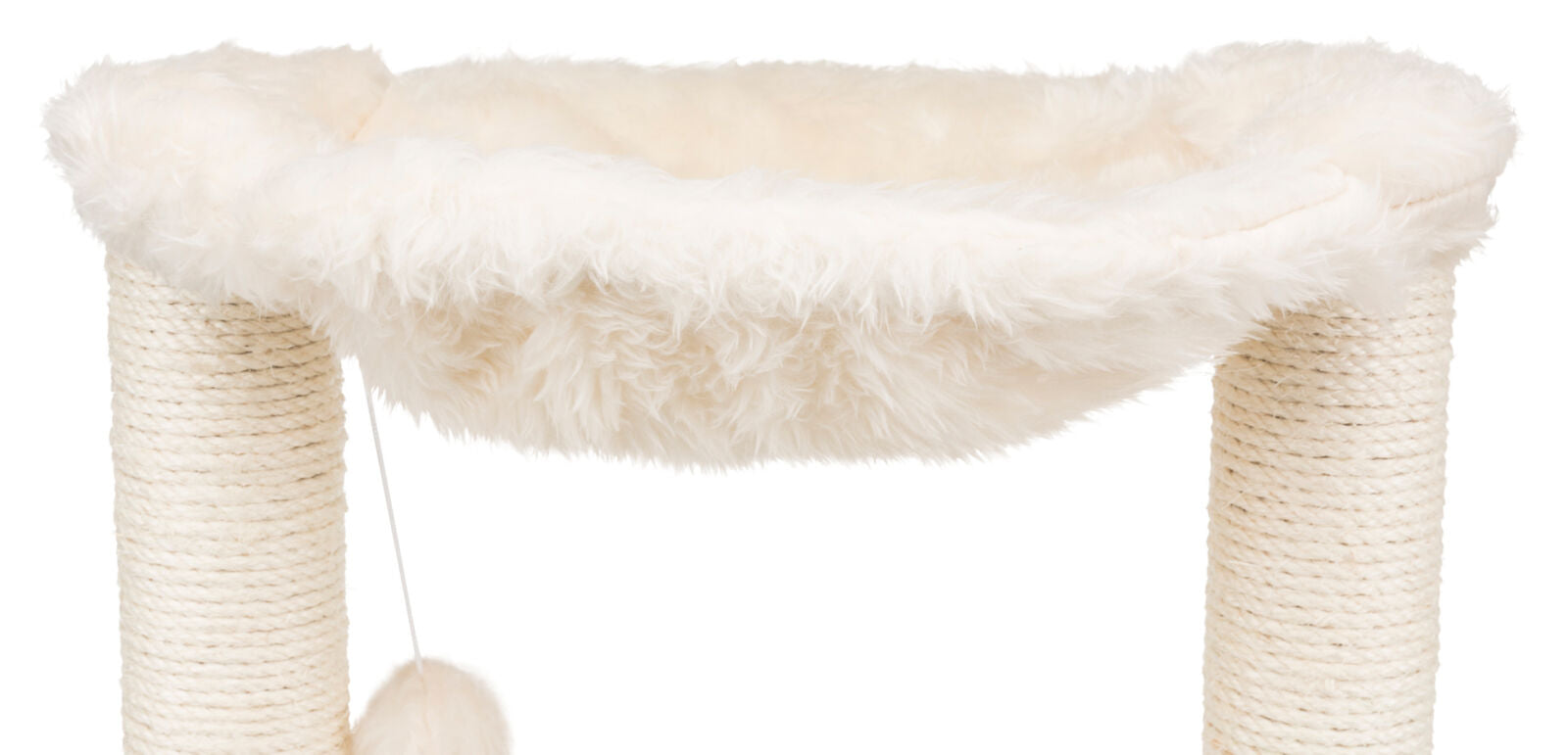 Kratzbaum mit zwei beigen Säulen aus Sisal und einer flauschigen, weißen Liegefläche oben.