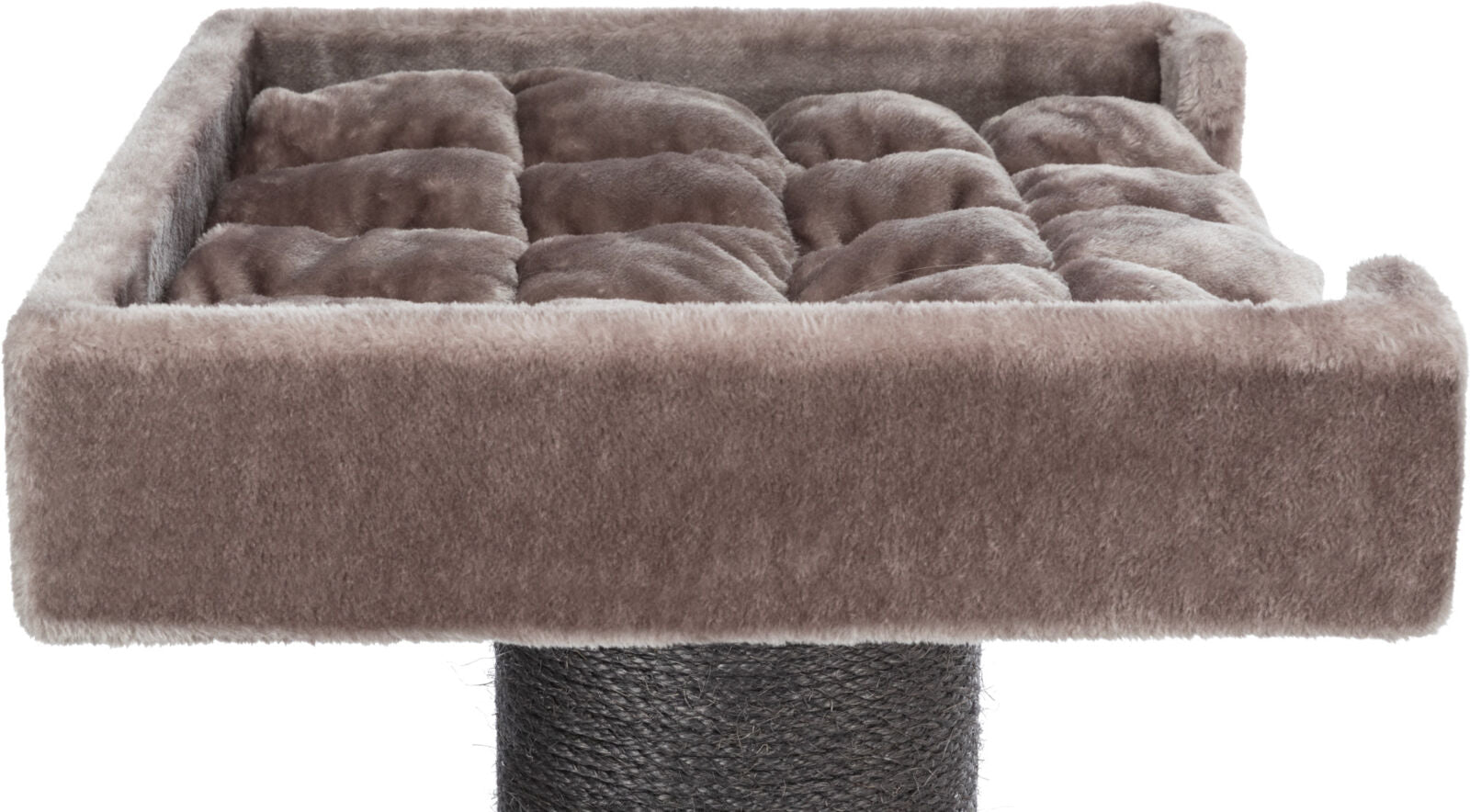 Weiches, graues Katzenbett mit hochstehendem Rand auf einem Sisal-Kratzbaum, quadratische Form.