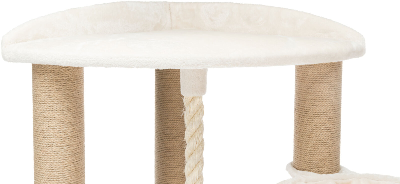 Hellbeiger Kratzbaum mit einer runden Plattform und drei mit Seil umwickelten Säulen.