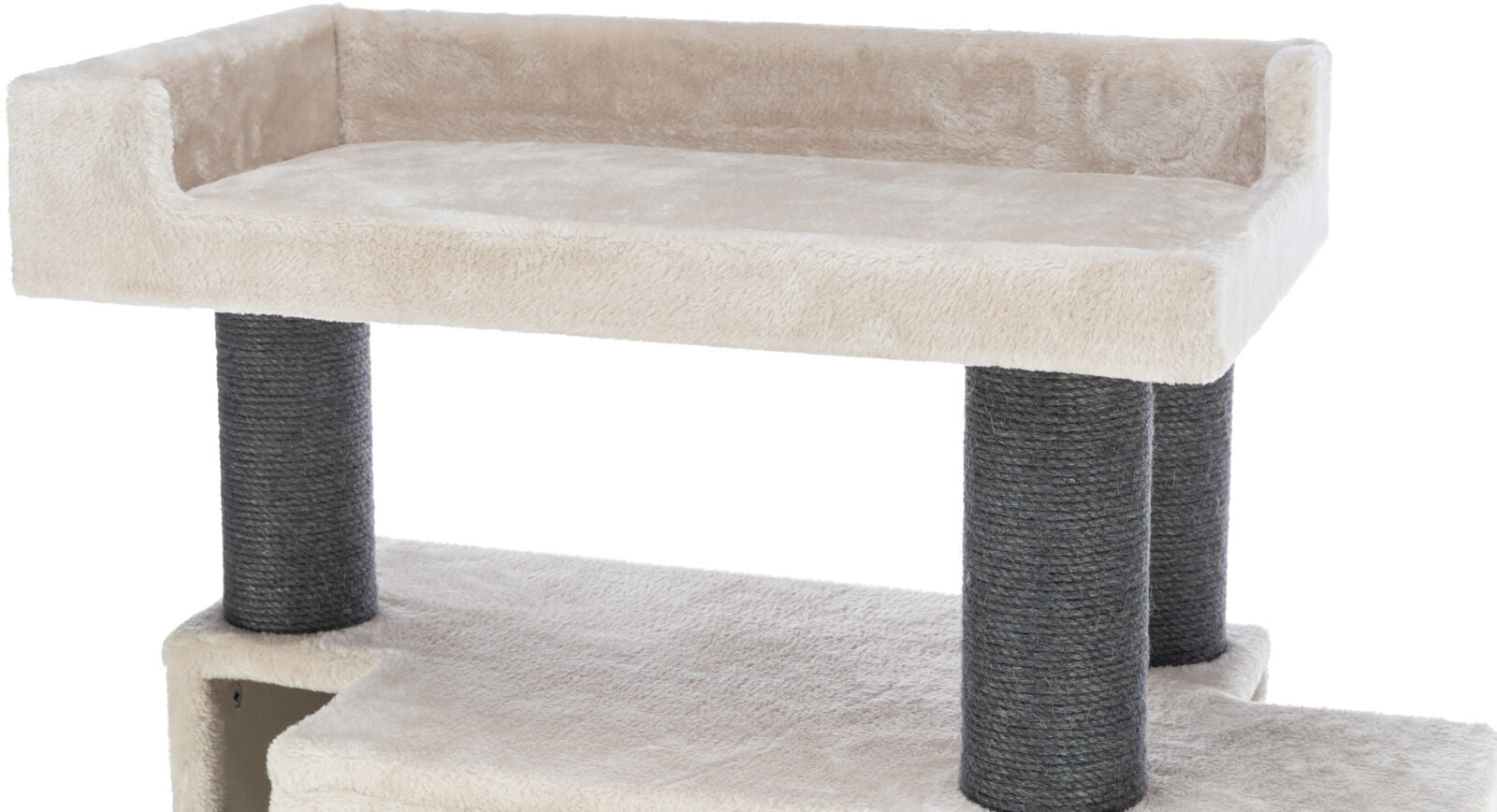 Beigefarbene, gepolsterte Plattform mit zwei dunkelgrauen, vertikalen Säulen als Kratzbaum.