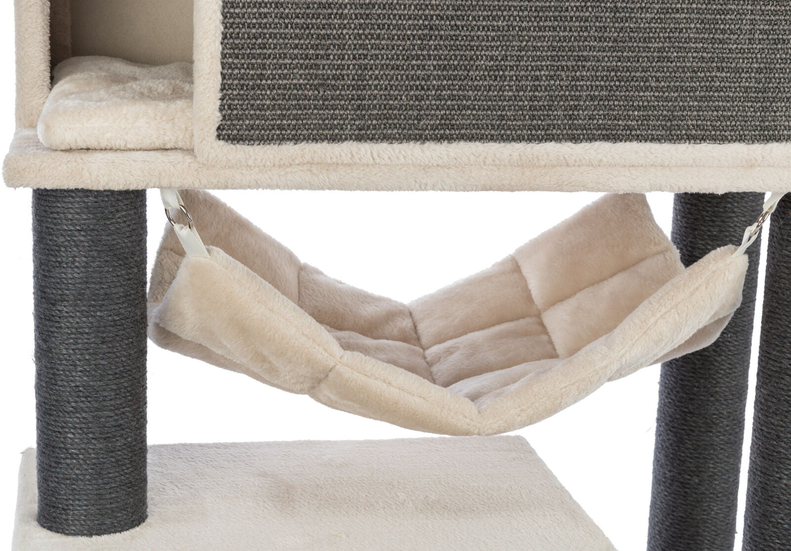 Beige Hängematte unter einer Plattform mit grauem, texturiertem Stoff, getragen von zwei dunkelgrauen Säulen.