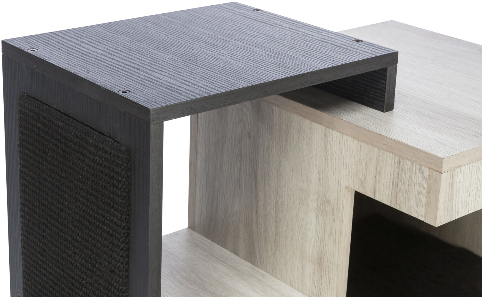 Holzstruktur-Möbelstück mit schwarzer Oberplatte und integrierter, strukturierter Paneelfront.