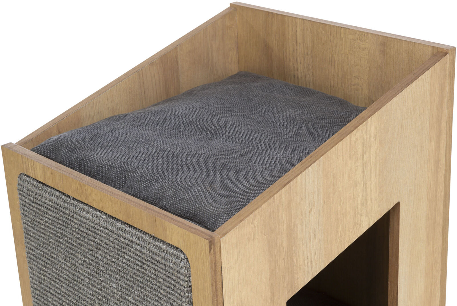 Holzkiste mit grauem Polster und seitlicher Struktur aus geflochtenem Material.