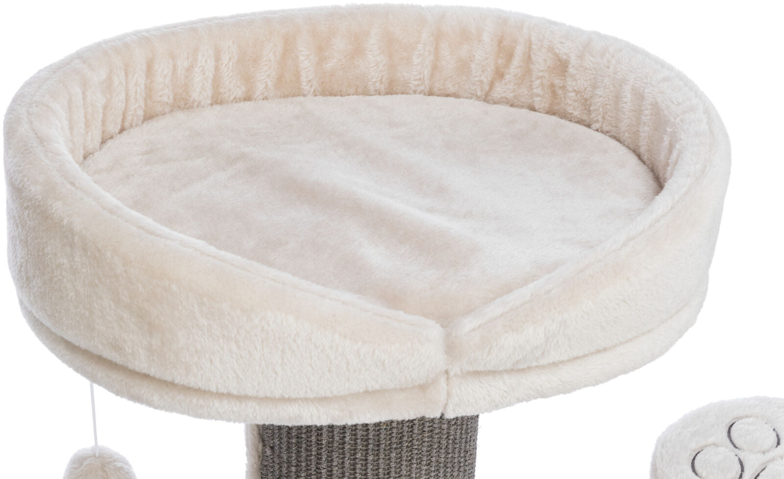 Rundes, beiges Plüschmöbelstück mit gepolstertem Rand, darunter ein grau strukturierter, zylindrischer Sockel.