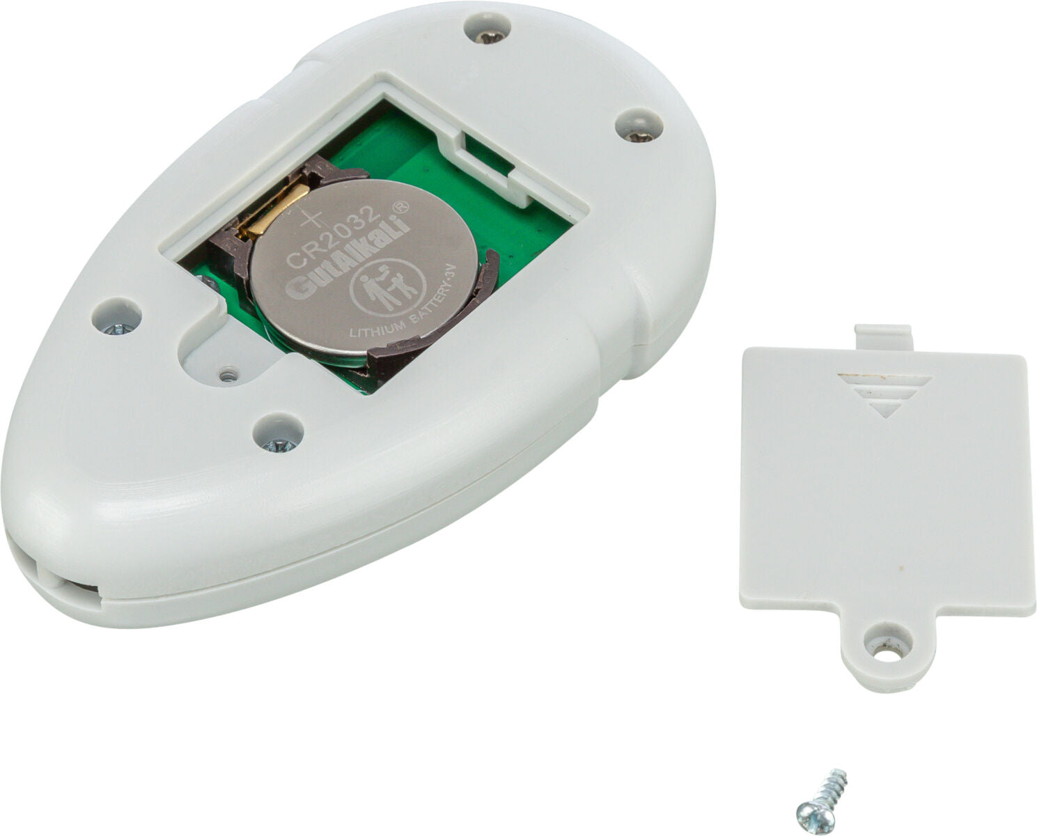 Weißes Plastikgerät mit offenem Batteriefach, sichtbarer CR2032-Batterie, abgenommener Abdeckung und losem Schraubverschluss.