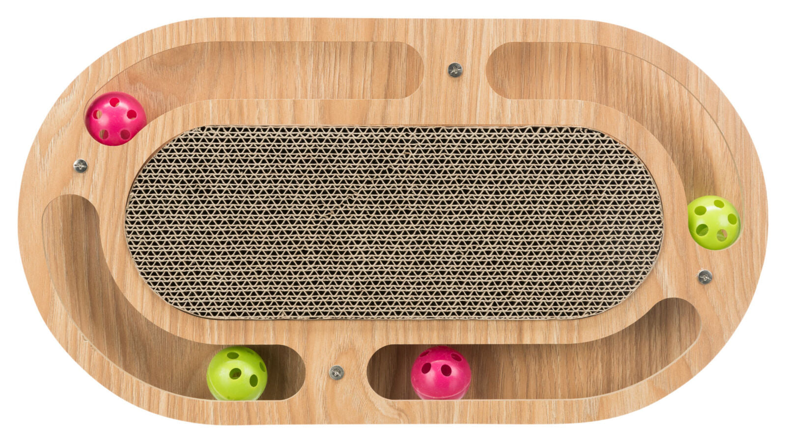 Spielzeug aus Holz mit ovalem Design, integriertem Kratzbrett aus Karton und vier bunten Bällen in Schienen.