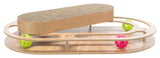 Kreisförmiges Holzgestell mit Lochbällen in Grün und Pink sowie einem ovalen Pappkartonaufsatz.