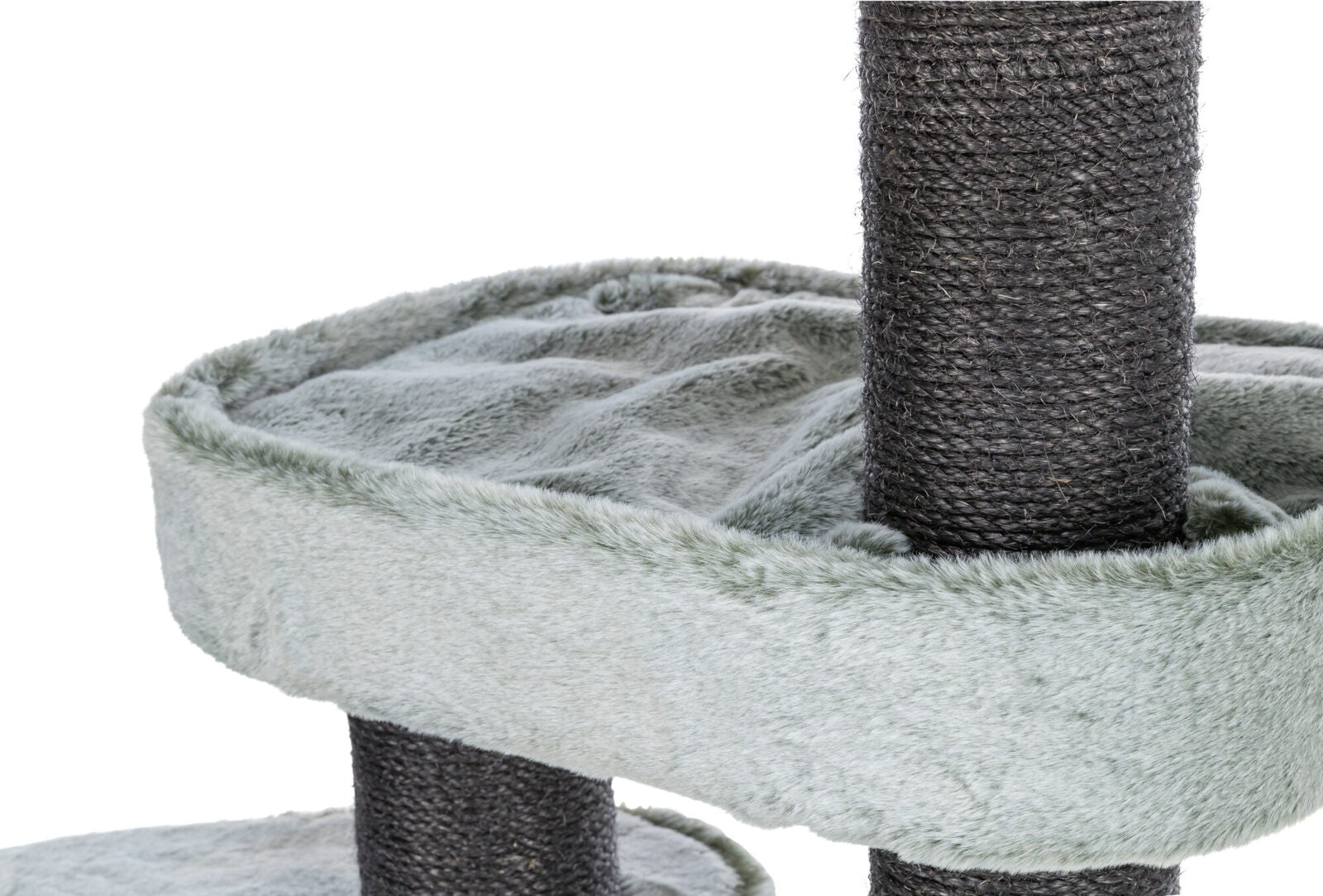 Grauer Kratzbaum mit weicher Oberfläche und robustem, mit dunklem Seil umwickelten Pfosten.