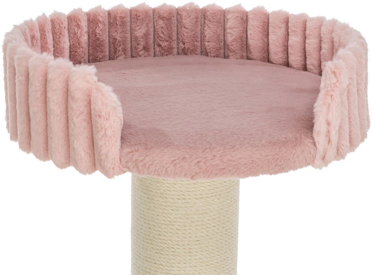 Runder, plüschiger rosa Aufsatz mit geriffeltem Rand auf einem beige Seilpfosten, geeignet als erhöhte Plattform.