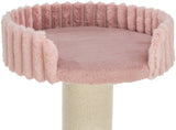 Runder, plüschiger rosa Aufsatz mit geriffeltem Rand auf einem beige Seilpfosten, geeignet als erhöhte Plattform.