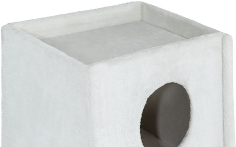 Weißer, würfelförmiger Gegenstand mit flauschiger Oberfläche und seitlich erkennbarer runder Öffnung.