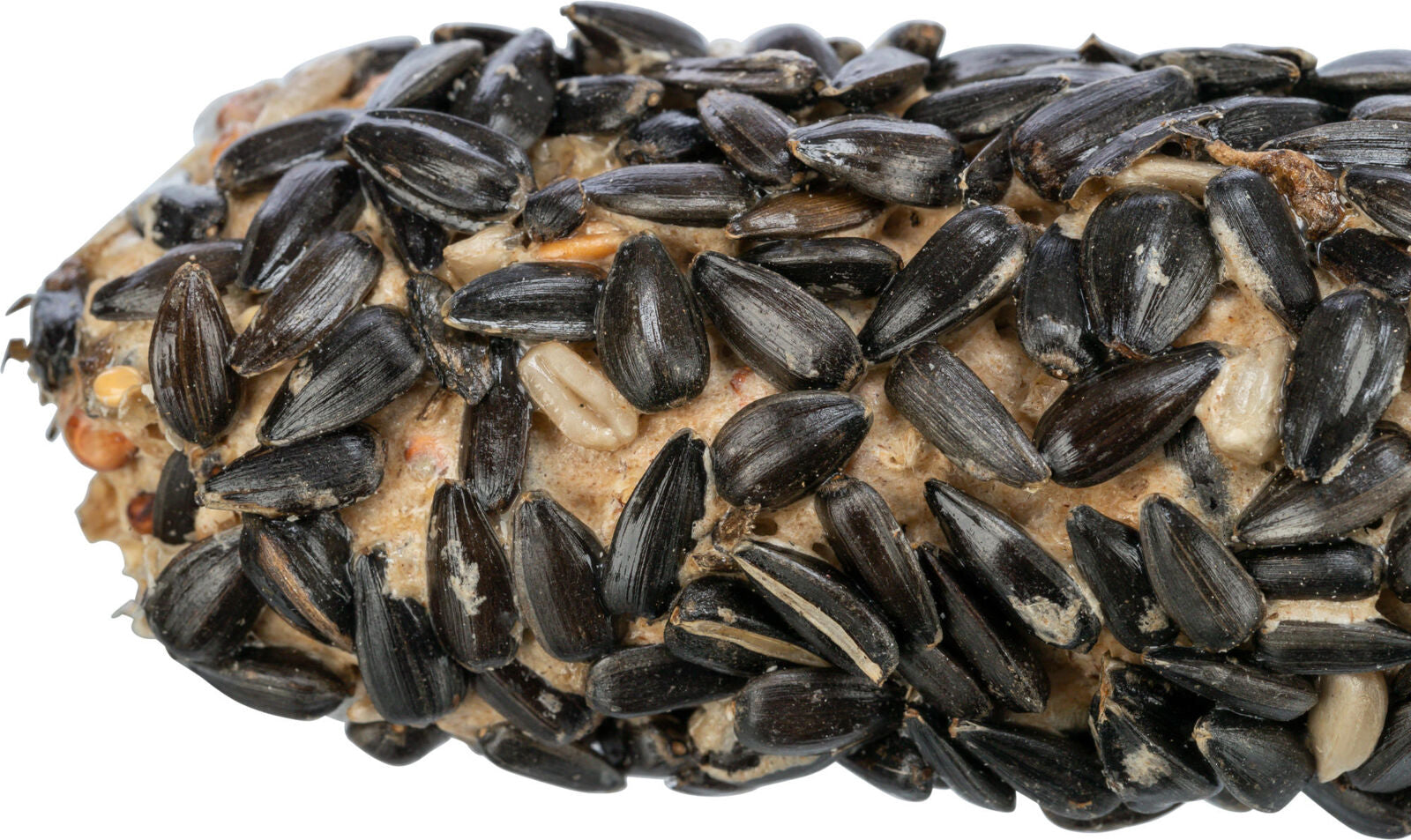 Ein grober Zylinder aus hellbrauner Masse mit vielen schwarzen Sonnenblumenkernen an der Oberfläche.