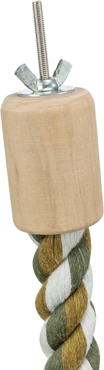 Eine graubraune, geflochtene Schnur mit Metallgewinde und Flügelmutter an einem Holzstabende befestigt.