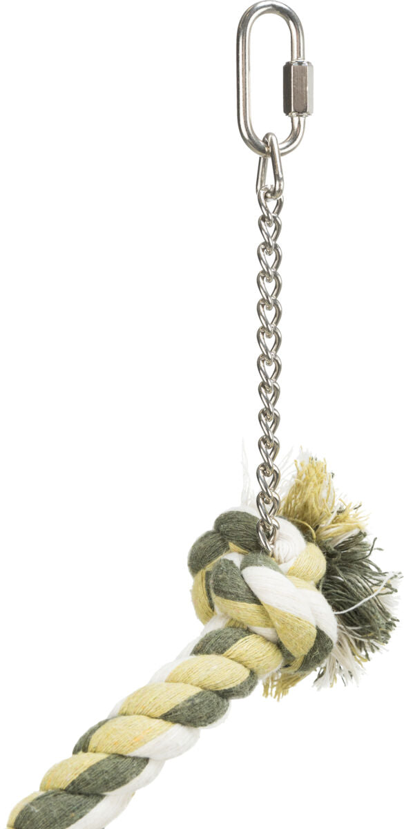 Geflochtenes Spielzeugseil in Grün, Gelb und Weiß mit Metallkette und Karabiner.