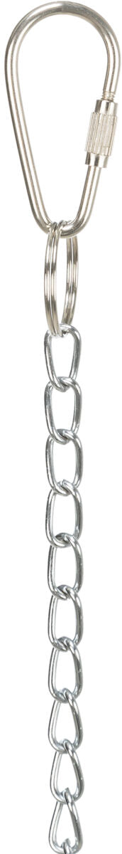 Silberfarbener Karabinerhaken mit Schraubverschluss, daran eine silberne Kette mit mehreren Gliedern.