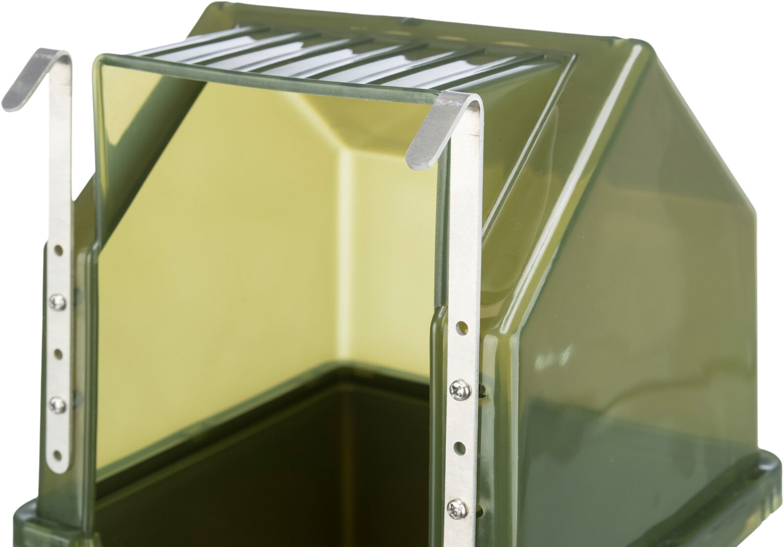 Transparenter, olivgrüner Behälter mit offener Vorderseite, silbernen Metallstützen und einem Lamellendeckel.