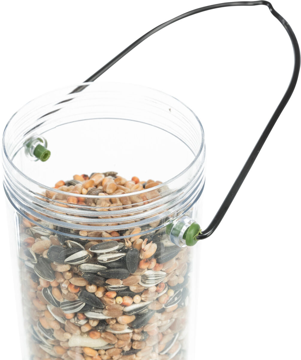 Transparenter Kunststoffbehälter mit Griff, gefüllt mit einer Mischung aus verschiedenen Samen und Körnern.