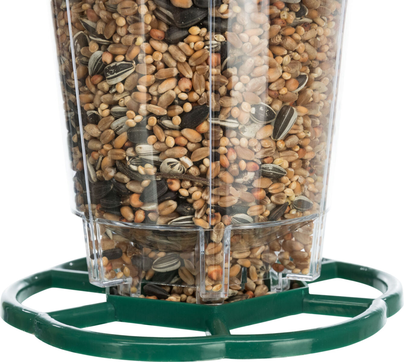 Kunststoffbehälter mit verschiedenen Samenarten gefüllt, umgeben von grünem Gestell aus Kunststoff.